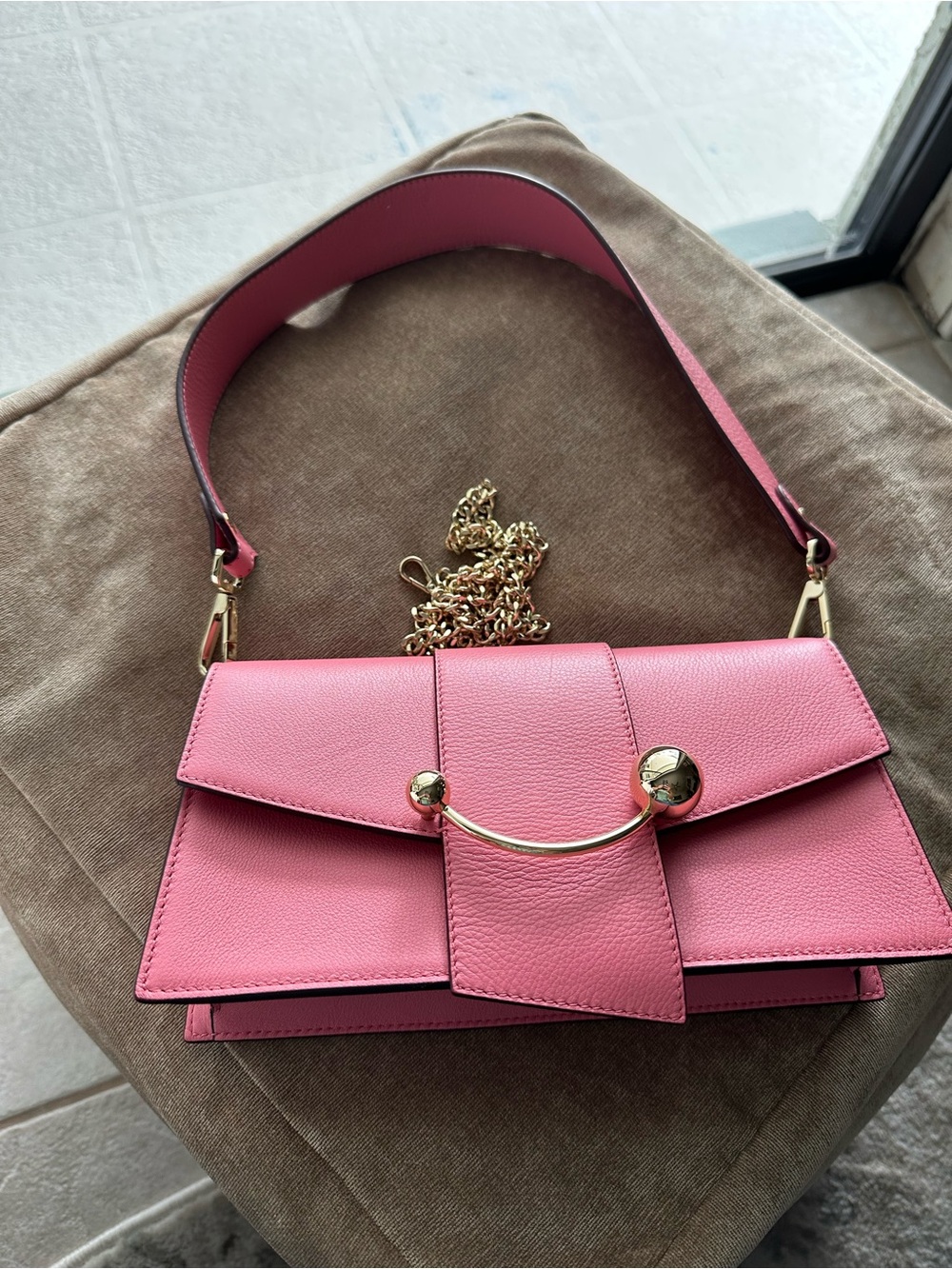 Strathberry Pink Leather Chain Shoulder Bag with Gold Accent